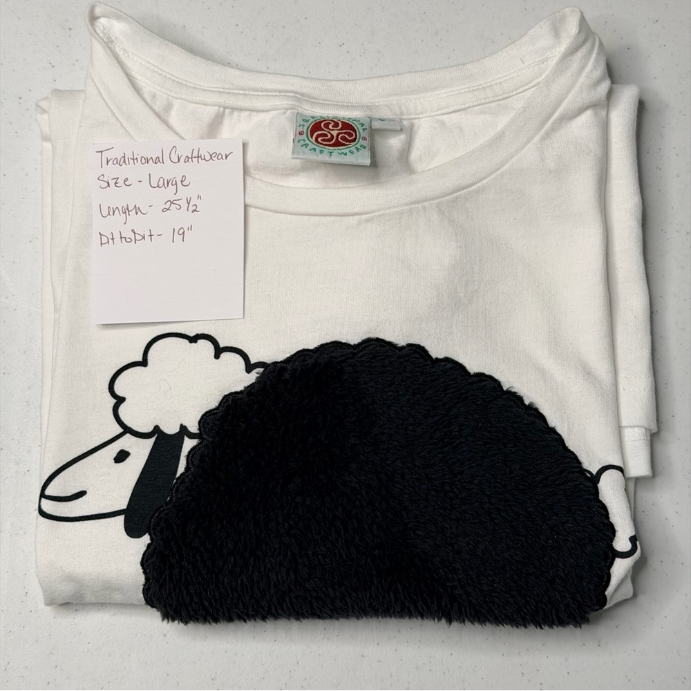 White Plush Sheep Rolled Sleeve Ladies T-Shirt Women's White Sheep Graphic Tee - Picture 9 of 9